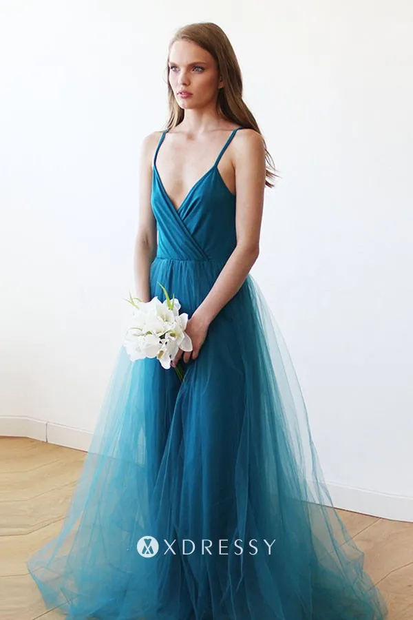 blue jersey tulle V neck A line prom dress