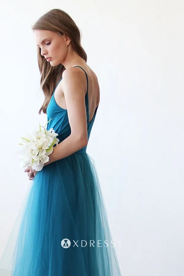 deep V back pool blue jersey tulle A line prom dress