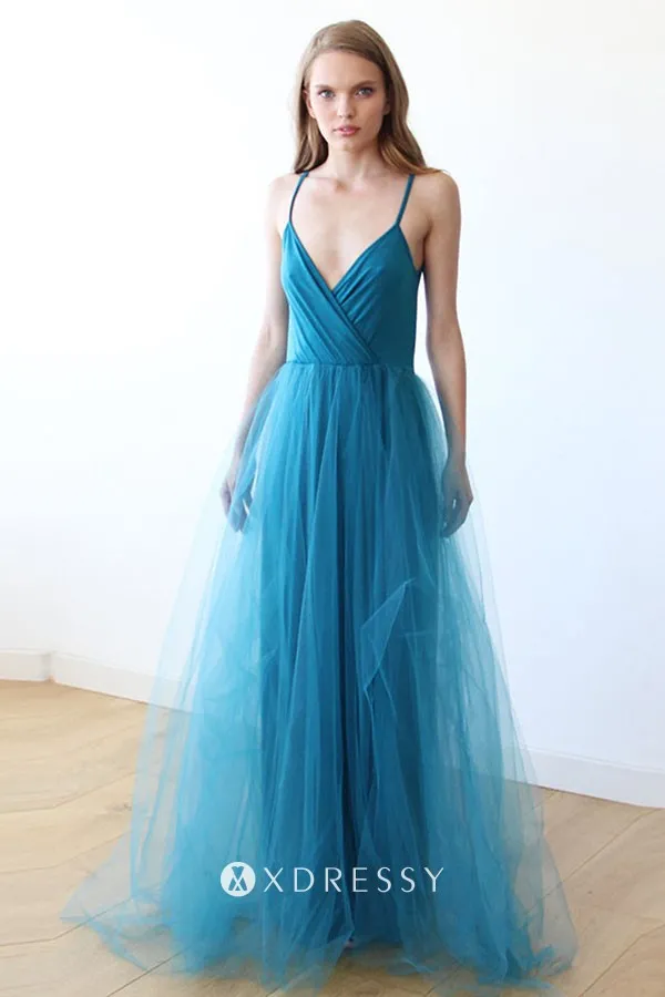 pool blue jersey tulle V neck A line prom dress