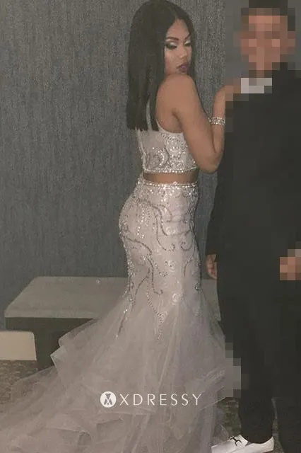 flounced tulle skirt sequinned two piece lavender prom dress