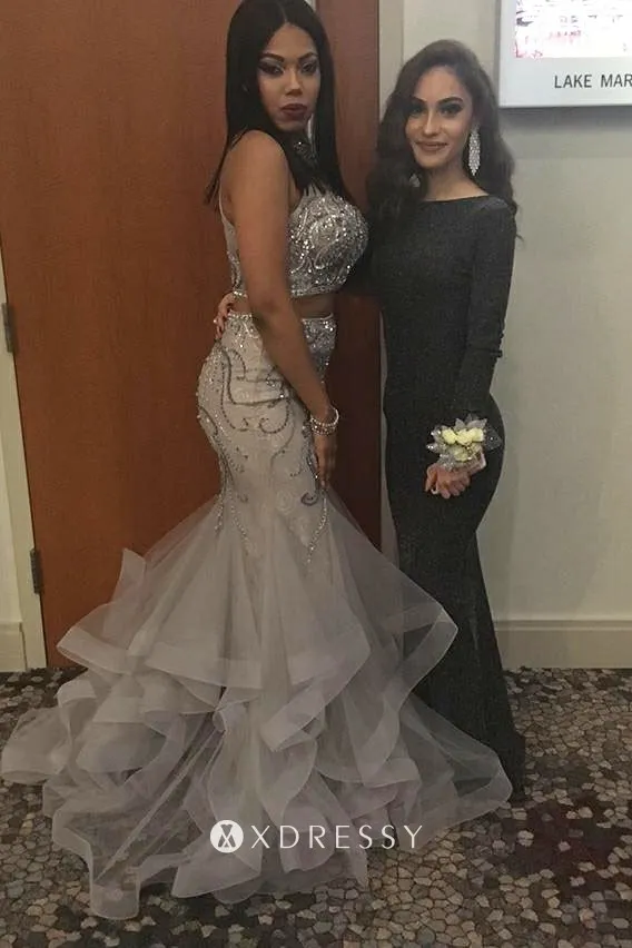 sleeveless sequinned two piece lavender flounced prom dress