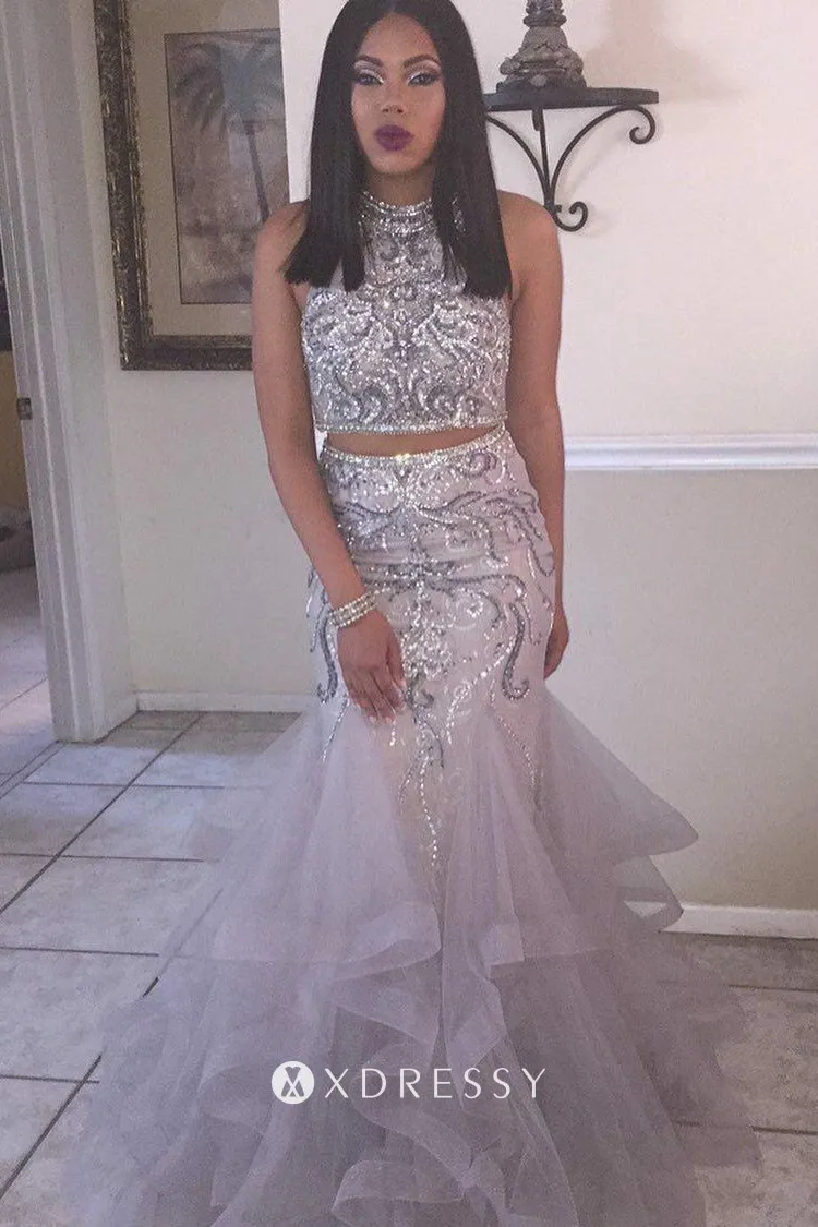 sparkly sequinned two piece lavender flounced prom dress