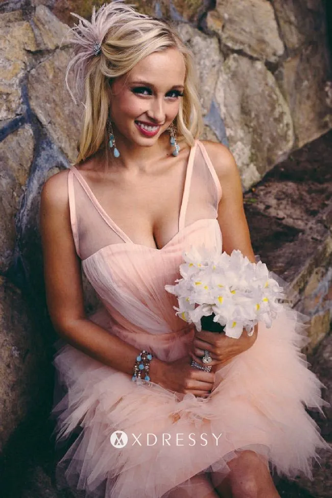 V neck sweetheart bodice nude pink tiered tulle short cocktail dress V neck sweetheart bodice nude pink tiered tulle short cocktail dress