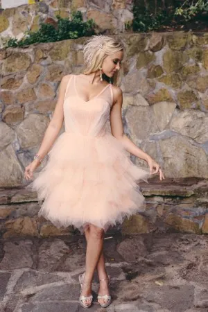 nude pink V neck tiered tulle short cocktail dress