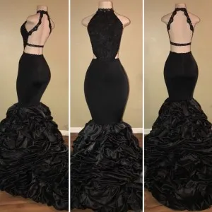 open back black pick up trumpet long formal dress