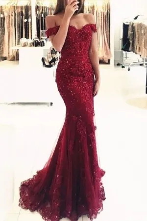 beaded scarlet red lace tulle mermaid evening gown