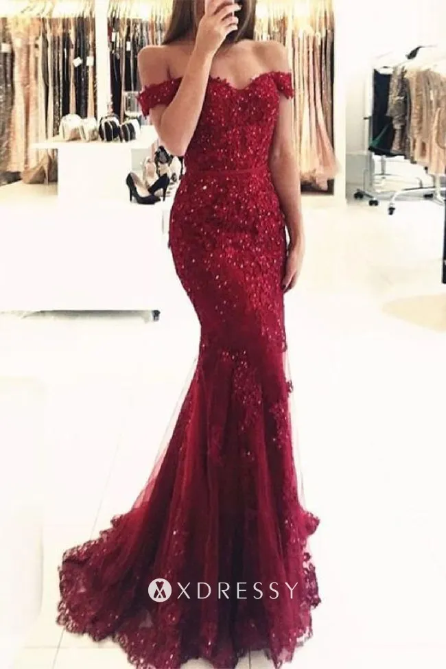 Modern Red Satin Beaded Lace V-neck Mermaid Prom Dress - Xdressy