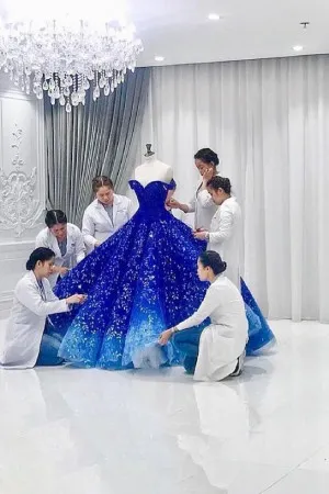 cobalt blue off the shoulder Quinceaera ball gown