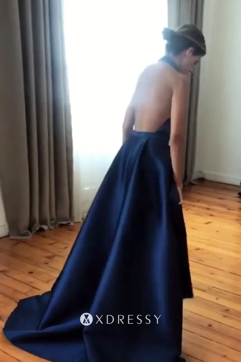 backless sapphire blue satin short prom dress with long overskirt