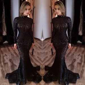 high neck sleeved black sequin mermaid prom dress