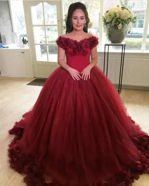 dark red floral hem off shoulder corset ball gown