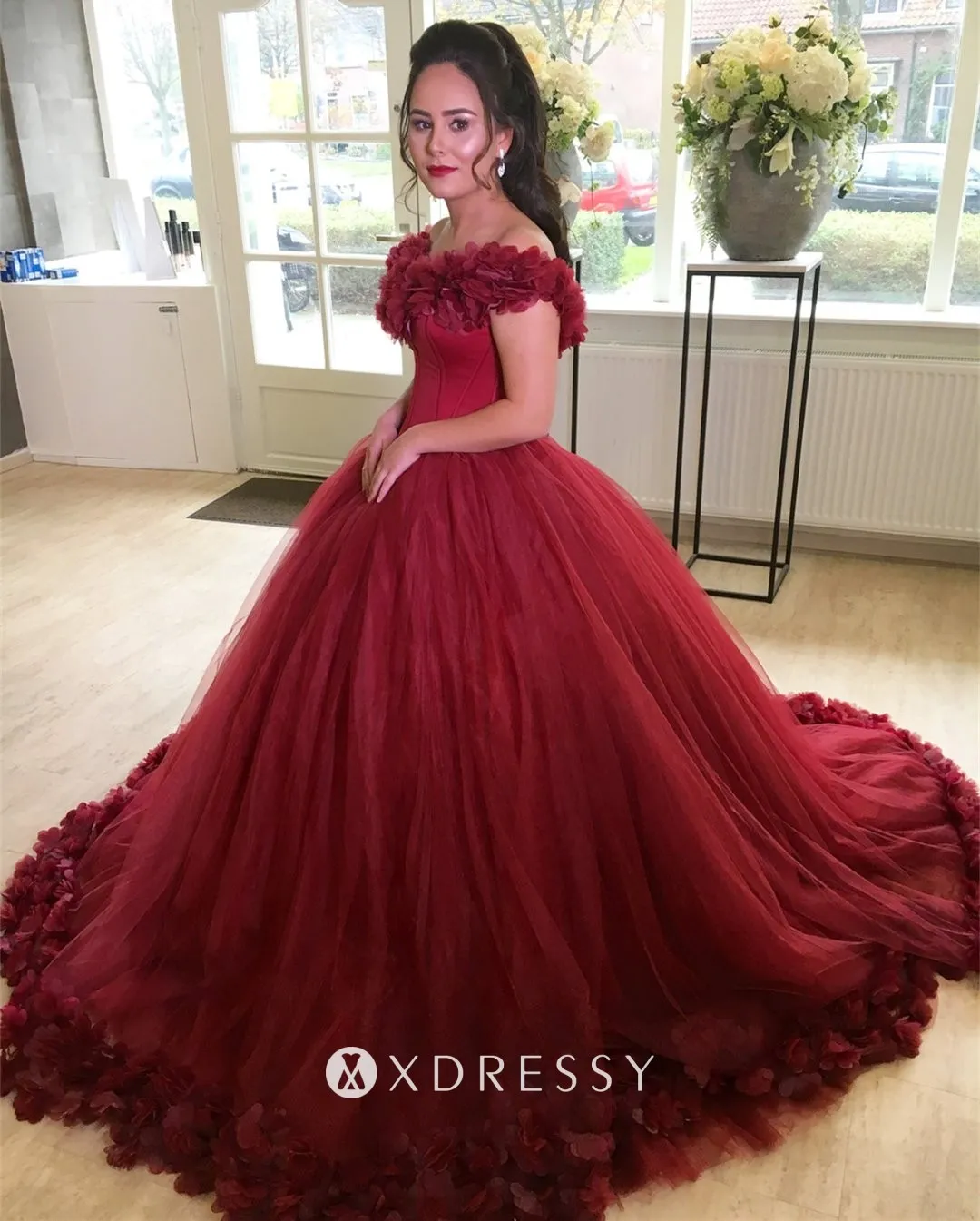 off the shoulder dark red floral hem corset ball gown