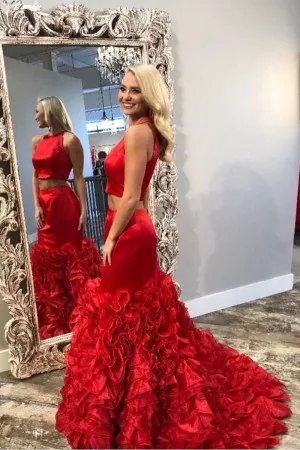 two piece red ruffled mermaid cute pageant dress