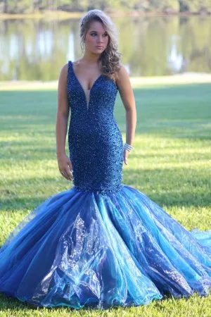 pearls embellished drop waist trumpet blue organza formal gown