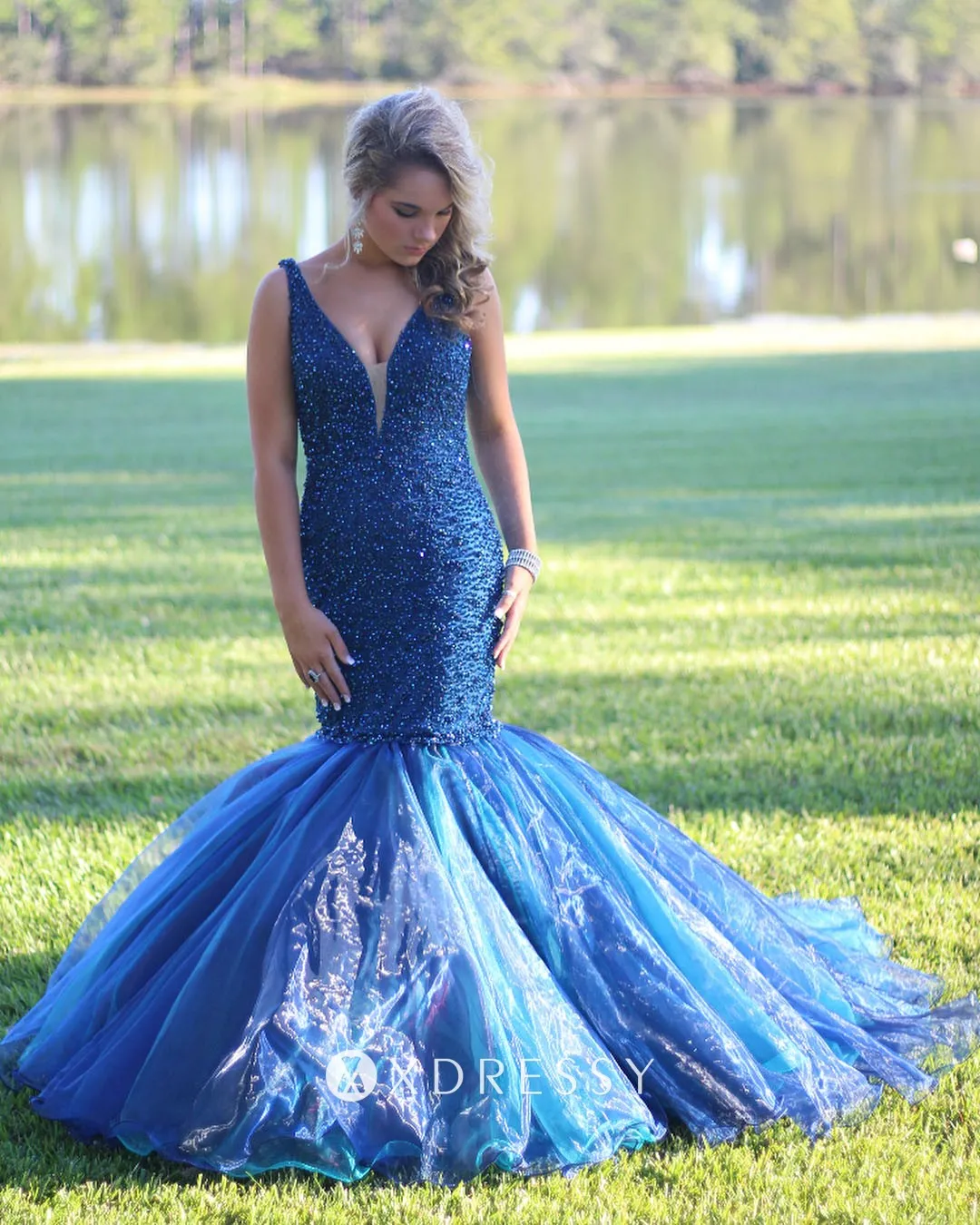 plunging neck drop waist trumpet blue organza formal gown