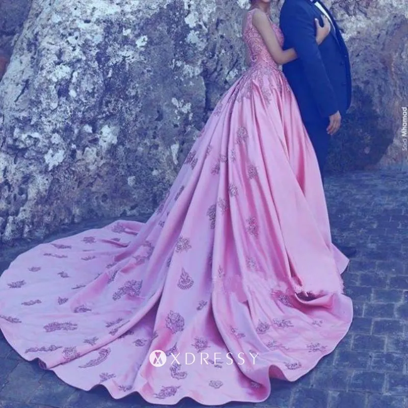 long train lace appliqued candy pink ballgown engagement gown long train lace appliqued candy pink ballgown engagement gown