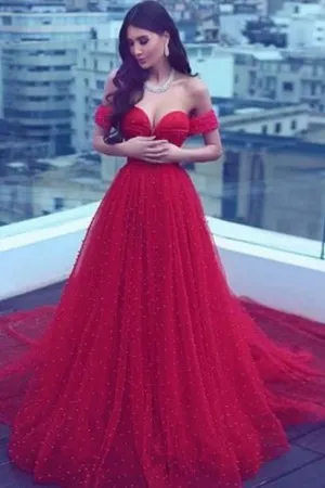 red polka dot tulle princess long engagement dress