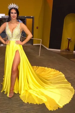 beaded yellow split long train sexy pageant gown