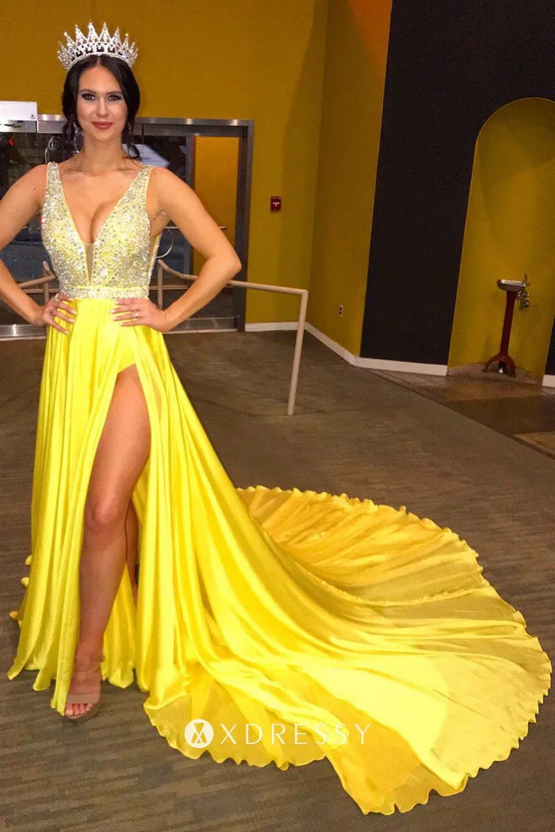 yellow split dress