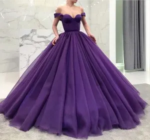 off the shoulder purple tulle Quinceanera ballgown