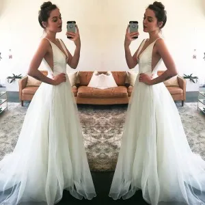 white satin tulle plunging neck cut out prom dress
