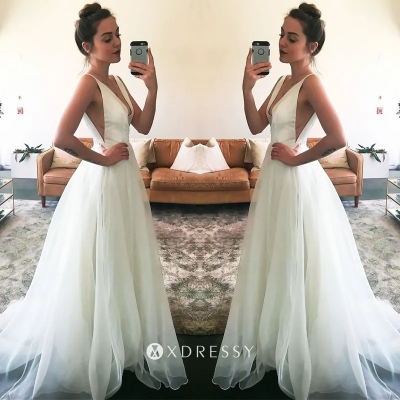 white satin tulle plunging neck cut out prom dress