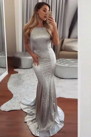crew neck backless silver satin mermaid long prom dress