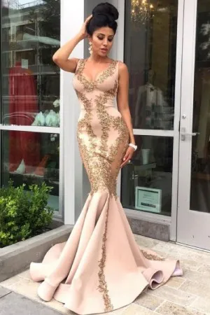 gold lace appliqued blush nude sleeveless mermaid prom dress