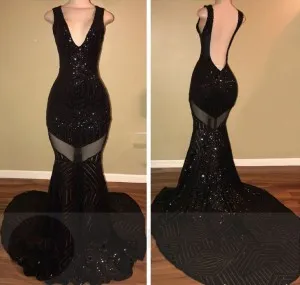 black sequin V neck mermaid long train prom dress