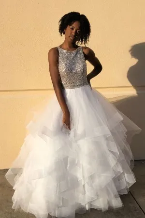 beading top tiered white tulle ball gown prom dress