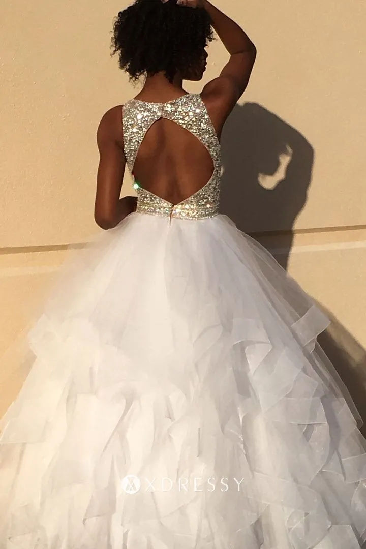 open back beading top tiered white tulle ball gown prom dress
