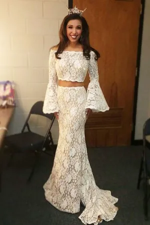 bell sleeve two piece mermaid lace pageant dress