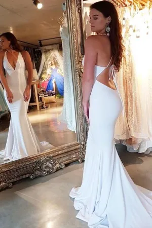V neck backless white spandex mermaid formal dress