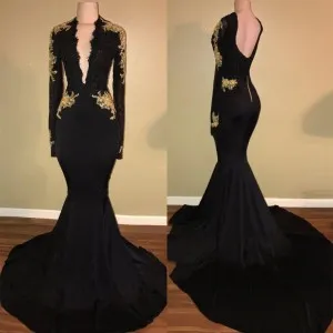 long sleeve gold lace black mermaid formal dress