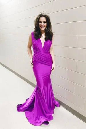 deep V neck draped magenta mermaid pageant dress