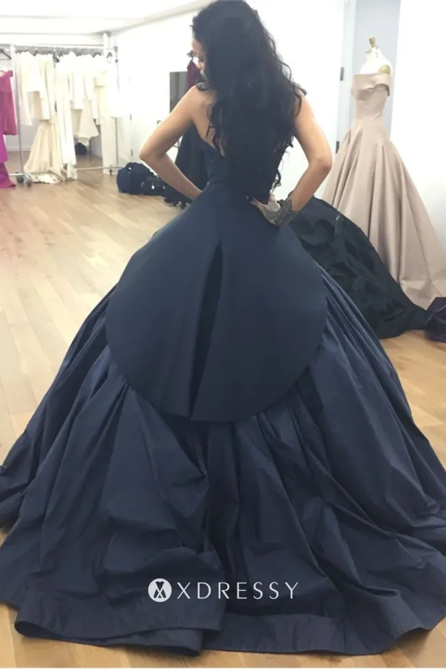 low back navy taffeta sweetheart prom ball gown