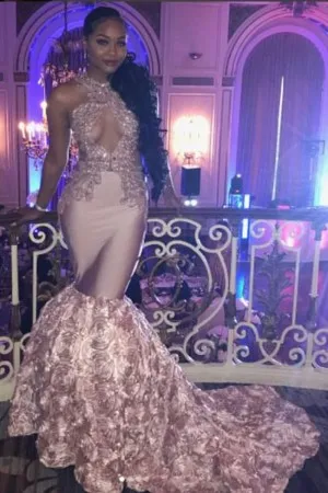 beaded halter lace 3D rose pearl pink prom dress