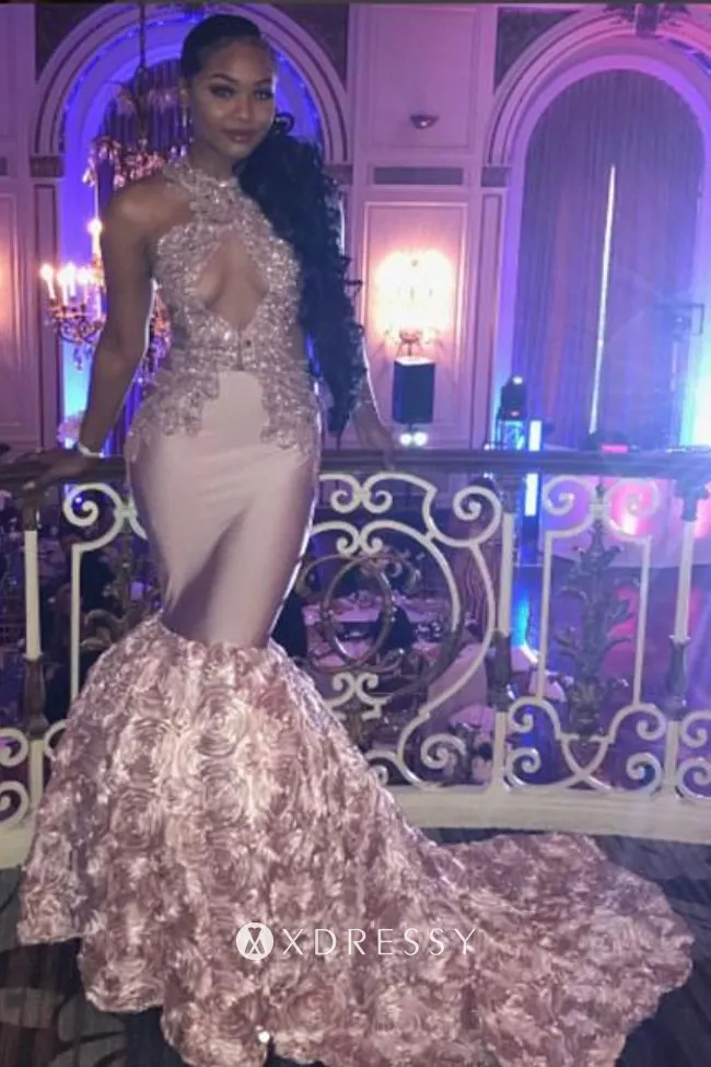 beaded halter lace 3D rose pearl pink prom dress