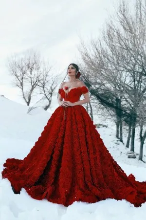 3D flowers red off shoulder engagement ball gown