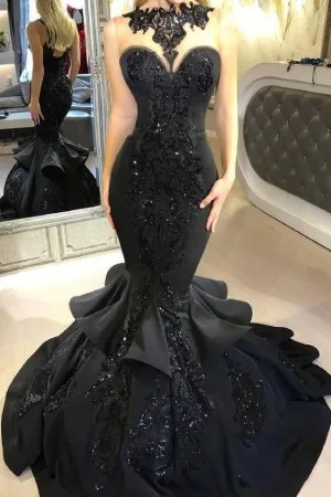 luxury beaded lace black satin trumpet prom dress