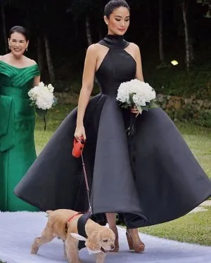 halter tea length black ball gown bridesmaid dress
