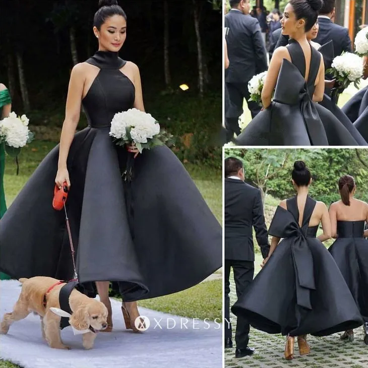 tea length black ball gown bridesmaid dress