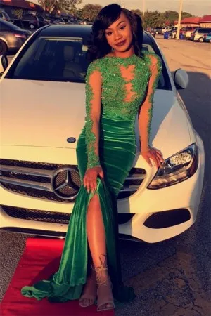 beaded green lace velvet sleeved slit prom dress