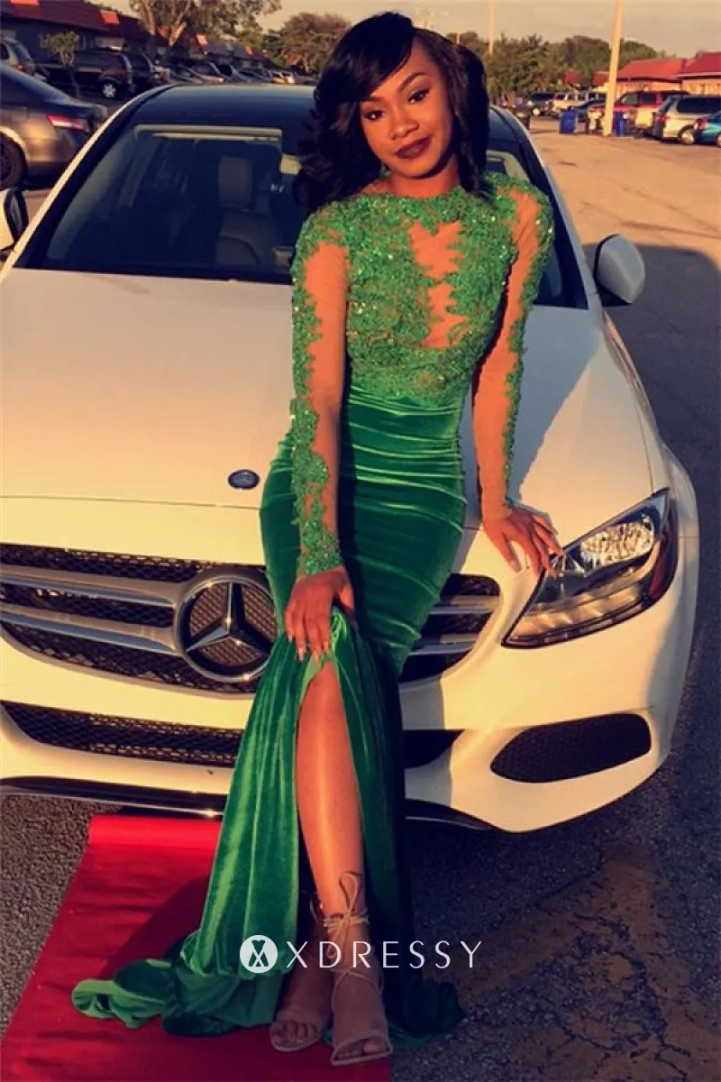 Beaded Green Lace Velvet Sleeved Slit 