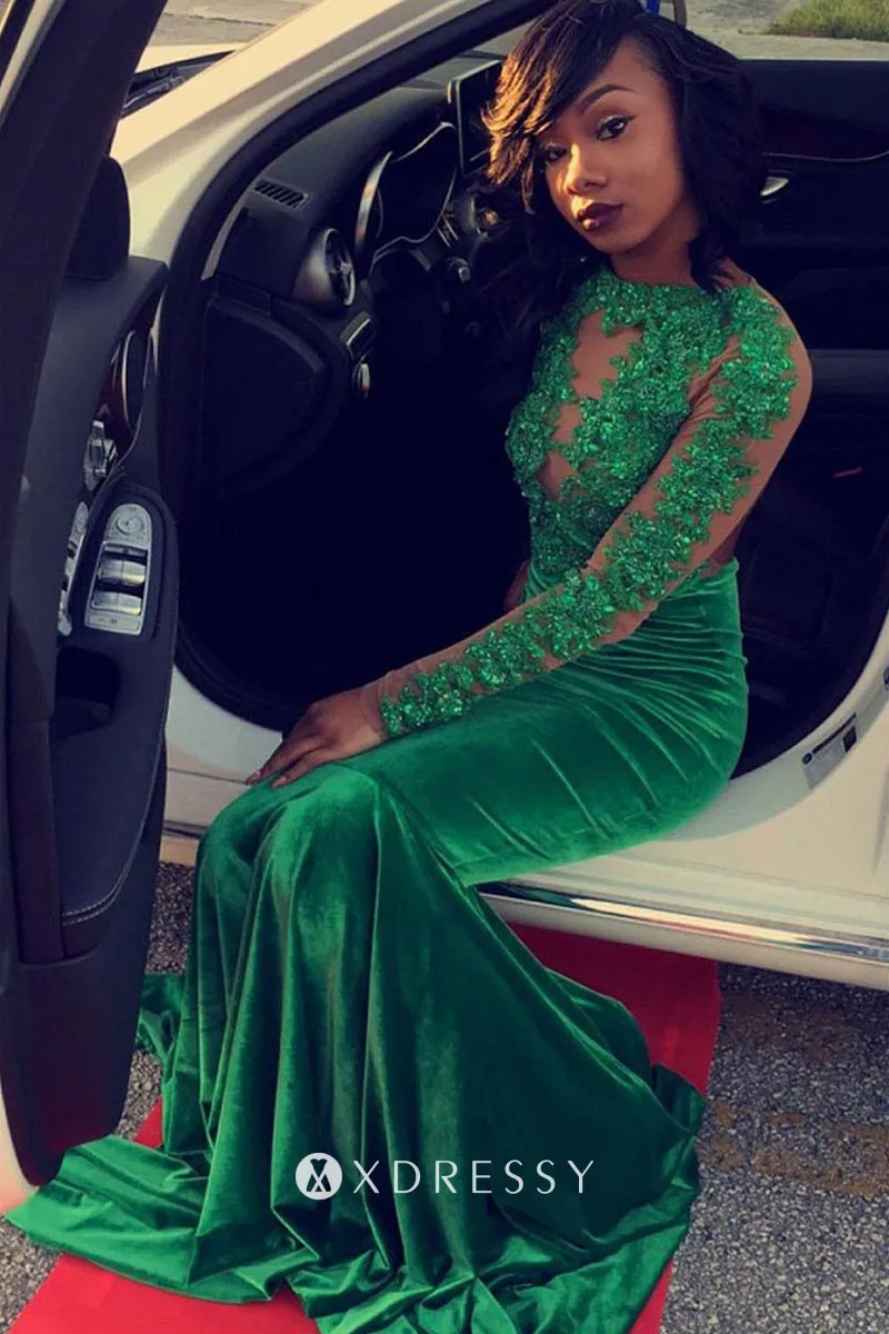 Beaded Green Lace Velvet Sleeved Slit 