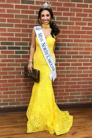 high neck strapless yellow lace long pageant dress