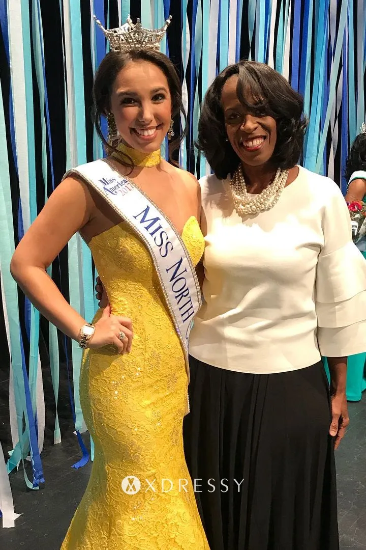 strapless sweetheart yellow lace long pageant dress