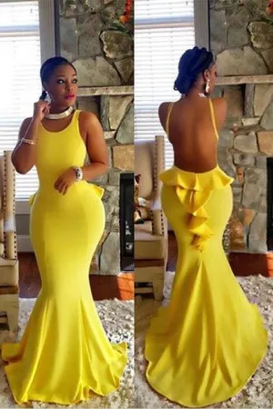 backless ruffled yellow mermaid modern prom dress