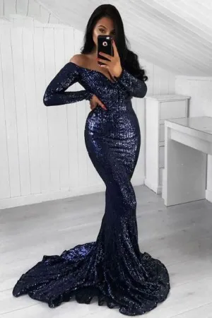navy blue sequin sleeved off shoulder prom dress