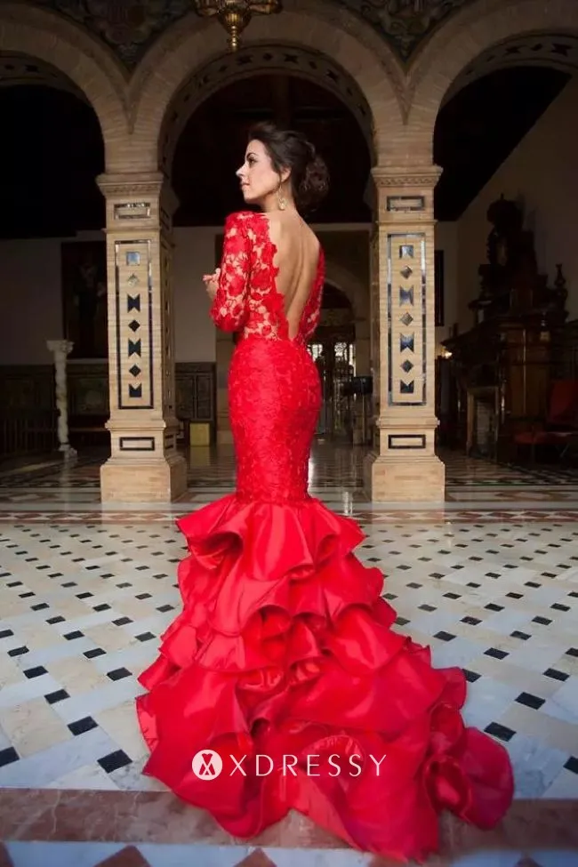 deep V back red lace tiered ruffled satin trumpet formal dress deep V back red lace tiered ruffled satin trumpet formal dress